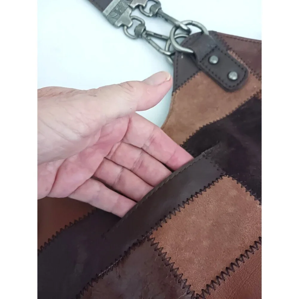Y2K The Sak Brown Patchwork Leather/Suede Hobo Chunky Silver Hardware Tassel